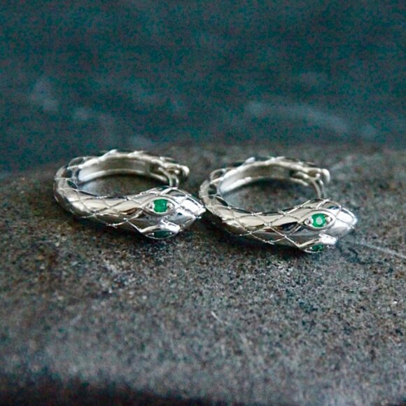 NWT Huggie Hoop Snake Earrings 14K Gold Plated Green CZ Minimalist Dainty - Picture 7 of 10